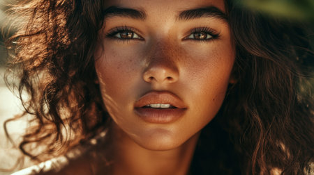 A captivating close-up portrait of a young woman showcasing her freckles and beautiful curly hair. Soft sunlight enhances her natural beauty and serene expression.の素材