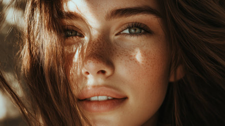A captivating close-up portrait of a young woman with freckles illuminated by soft light, capturing her natural beauty and serene expression against a gentle backdrop.の素材