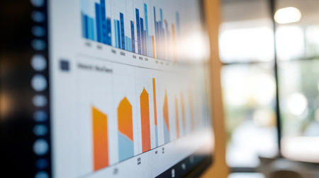 Colorful graphs and charts displayed on a digital screen in a modern office setting. The visuals emphasize data analysis and business performance trends.の素材