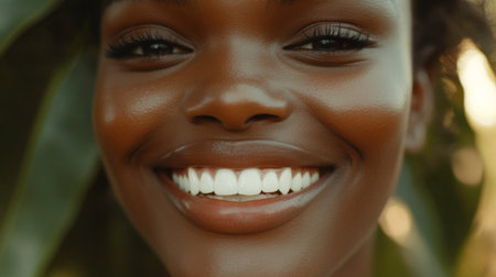 A joyful woman with a bright smile radiates happiness against a backdrop of lush green leaves. Her glowing skin and cheerful expression embody positivity and beauty.の素材