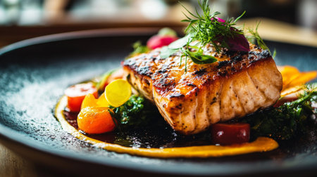 A beautifully presented grilled salmon fillet served on a bed of colorful vegetables. This gourmet dish combines healthy ingredients and a stylish appearance, perfect for any dining occasion.の素材