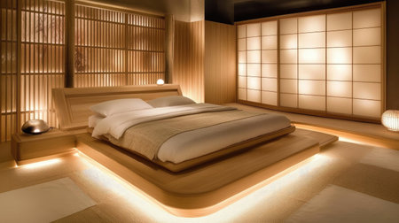 A modern Japanese-inspired bedroom with a minimalistic design, natural wood furniture, and ambient lighting.の素材