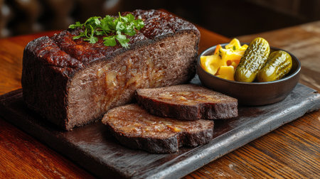 A loaf of dark pumpernickel bread, cut into slices with a side of pickles and cheese, placed on a wooden table.の素材