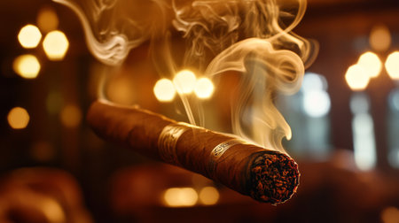 A close-up view of a lit cigar releasing wisps of smoke, surrounded by warm ambient lighting. This image captures the essence of luxury and relaxation, making it perfect for lifestyle themes.の素材