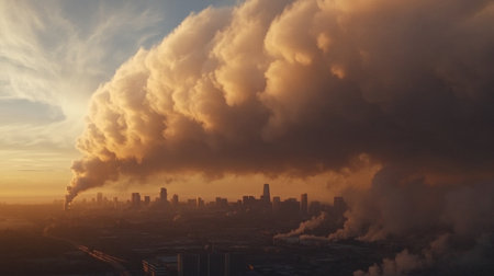 A breathtaking view of a city skyline under a dramatic sunrise, featuring thick clouds of smoke and pollution, highlighting environmental concerns.の素材