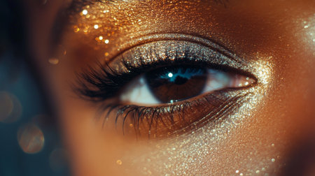 A mesmerizing close-up of an eye showcasing stunning golden shimmer makeup. The vibrant colors and fine details create an artistic and glamorous look.の素材