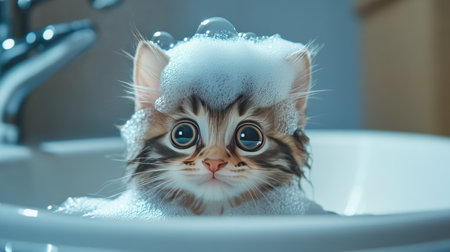 A playful kitten covered with soap bubbles on its head, looking curious during bath time in the sink.の素材