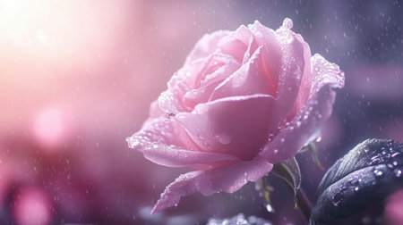 A soft pink rose with water droplets shining on its delicate petals, captured with a shallow depth of field.の素材