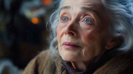 A close-up portrait of an elderly woman with gray hair and expressive blue eyes, capturing her thoughtful and serene emotions in natural light.の素材