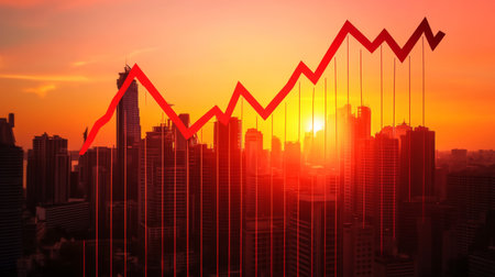 A stunning urban skyline illuminated by a vibrant sunset, featuring a rising graph that signifies growth and success in business and investment sectors.の素材