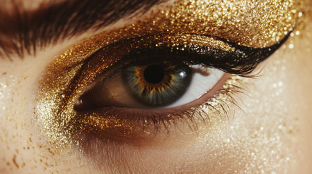 This close-up image showcases a mesmerizing eye adorned with sparkling gold makeup and dramatic eyeliner. The shimmering detail highlights beauty and artistry.の素材