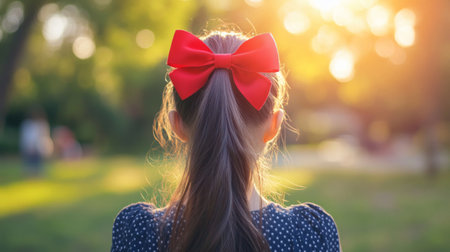 A young girl with a vibrant red bow in her hair stands in a sunlit park, enjoying the beauty of nature. This serene scene captures her carefree spirit.の素材