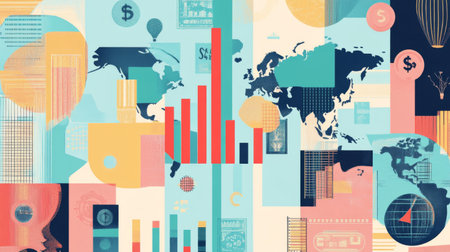 Vibrant illustration depicting global finance concepts, featuring charts, graphs, and maps. Ideal for themes of business, data analysis, and economic growth.の素材
