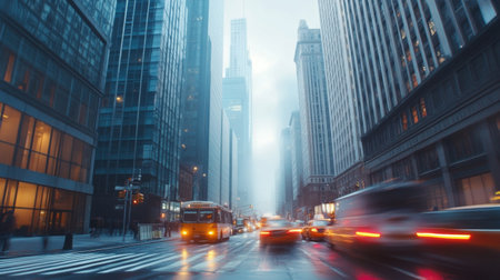 A vibrant urban scene featuring a foggy street bustling with traffic surrounded by towering modern skyscrapers, highlighting city life in motion.の素材