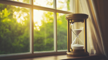 A vintage hourglass with a brass frame, set in front of a large window with soft, diffused light streaming through.の素材