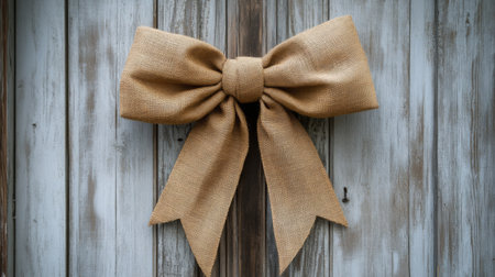 A beautiful burlap bow hangs gracefully on a weathered wooden door, adding a rustic charm and warmth to any entrance. Perfect for seasonal decor or crafts.の素材