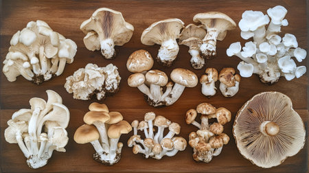 A vibrant assortment of edible mushrooms displayed on a wooden background, showcasing various shapes, colors, and textures ideal for culinary and gastronomic inspiration.の素材