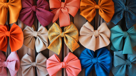 A vibrant display of decorative bows made from assorted fabrics. This image showcases a rich variety of colors and textures, perfect for design inspiration or craft projects.の素材