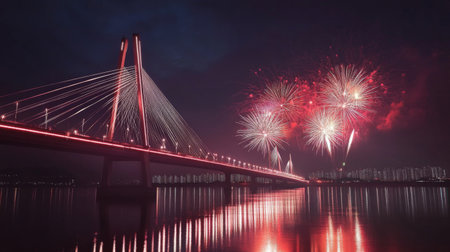 A breathtaking view of a modern suspension bridge illuminated by vibrant fireworks at night, reflecting beautifully on the water, creating a festive atmosphere.の素材