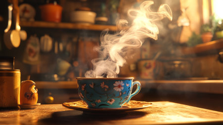 A beautifully crafted teacup filled with a steaming hot drink sits on a wooden table, evoking feelings of warmth and comfort in a cozy kitchen setting.の素材