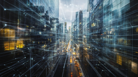 A captivating view of an urban landscape showcasing modern skyscrapers, bustling traffic, and digital connectivity, emphasizing the intersection of technology and city life.の素材