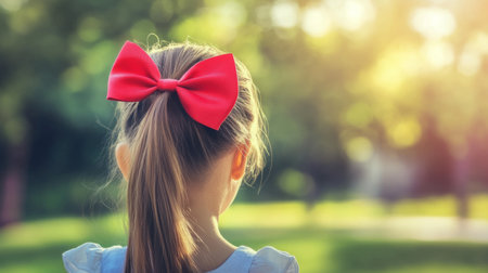 A young girl with a vibrant red bow in her ponytail gazes into the sunlit outdoors, evoking feelings of childhood joy and serenity in a natural setting.の素材