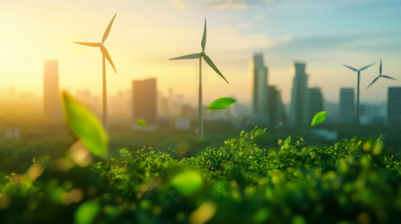 A beautiful view of wind turbines standing tall against a city skyline during sunset, highlighting the blend of nature and urban development in sustainable energy.の素材