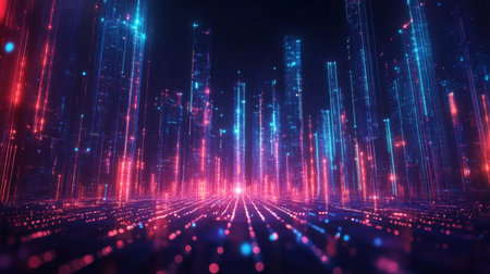 A mesmerizing futuristic cityscape featuring vibrant neon lights. This digital artwork showcases an abstract urban landscape filled with colorful illumination and glowing lines, creating a captivating atmosphere.の素材