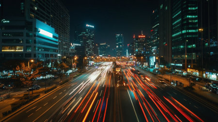 Captivating view of bustling city streets at night showcasing vibrant traffic flow and illuminated skyscrapers, highlighting urban life's dynamic nature.の素材