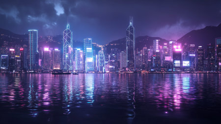 Stunning nighttime cityscape with vibrant lights illuminating the skyline, reflecting beautifully on the calm water surface, showcasing urban beauty and nightlife.の素材