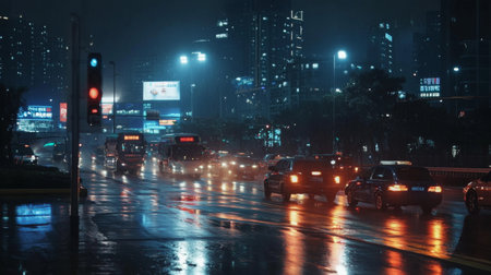 A vibrant nighttime urban scene showcasing busy traffic with glowing lights, wet roads reflecting city buildings amid pouring rain, capturing the dynamic atmosphere of metropolitan life.の素材