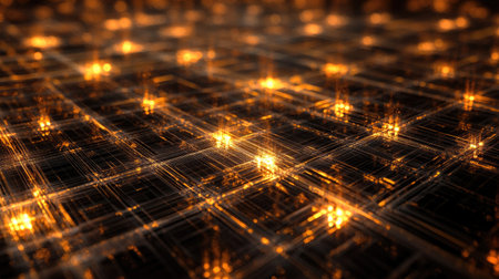 Abstract digital grid with interconnected nodes and glowing lights, representing data flow and high-tech communicationsの素材