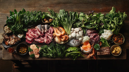 An artistic arrangement of mookata ingredients, including fresh greens, seafood, and various meats, on a rustic wooden table, highlighting the freshness and variety availableの素材