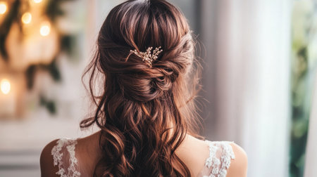 An artistic shot of a half-up, half-down hairstyle with loose curls, complemented by a stylish hairpin, set against a softly lit room for an enchanting feelの素材