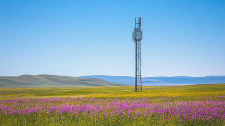 An image of a solitary cell phone tower standing in a vast field, symbolizing connectivity in remote areas, with vibrant wildflowers blooming at its baseの素材