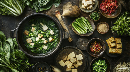 An inviting setup for a shabu meal, featuring a variety of fresh ingredients like seafood, leafy greens, and tofu, neatly displayed alongside a traditional potの素材