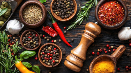 An overhead shot of a rustic table set for a meal, with a pepper shaker prominently placed alongside other seasonings and dishesの素材