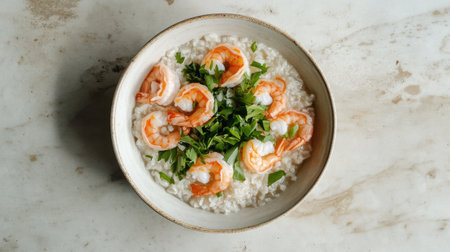 An overhead shot of a traditional shrimp rice porridge dish, showcasing plump shrimp, aromatic rice, and vibrant green onions in a delicate white bowlの素材