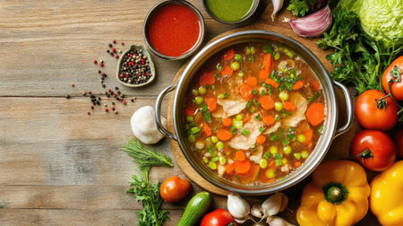A bubbling pot of shabu broth filled with fresh vegetables and thinly sliced meats, surrounded by an array of colorful dipping sauces and condiments on a wooden tableの素材