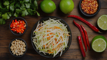 An overhead shot of fresh ingredients for som tam, including shredded green papaya, chilies, and lime, laid out on a wooden table, highlighting their colors and texturesの素材