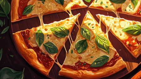 An overhead view of a cheese pizza sliced into wedges, with melted cheese stretching from the pie, surrounded by fresh basil leaves and a drizzle of olive oilの素材