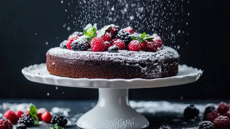 A beautifully decorated chocolate cake with intricate floral designs on a white pedestal, surrounded by fresh berries and a light dusting of powdered sugarの素材