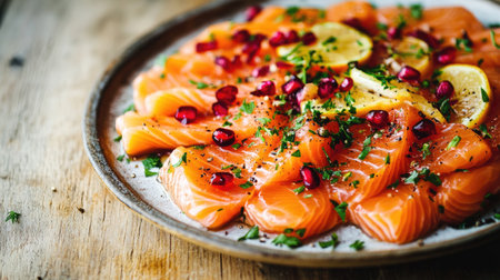 A beautifully arranged plate of marinated salmon slices, garnished with fresh herbs and citrus, showcasing vibrant colors and inviting textures on a wooden tableの素材