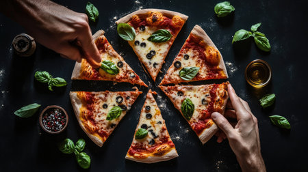An overhead view of a cheese pizza sliced into wedges, with melted cheese stretching from the pie, surrounded by fresh basil leaves and a drizzle of olive oilの素材
