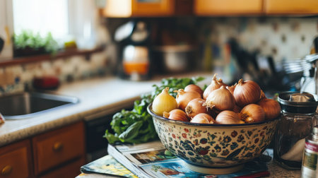 A bright, airy kitchen scene featuring shallots in a decorative bowl on the countertop, alongside cookbooks and fresh vegetables, creating a warm atmosphereの素材