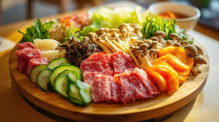 A close-up of a delicious shabu platter featuring vibrant vegetables, mushrooms, and marbled beef, artistically arranged on a round wooden board ready for cookingの素材