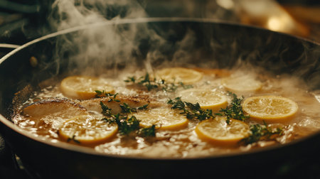 A close-up of a hot skillet with fish sizzling, herbs and lemon slices adorning the dish, capturing the essence of gourmet cooking in actionの素材
