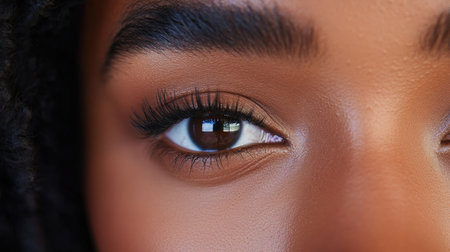 A close-up of a woman's eyes with a focus on natural beauty, highlighting her eyelashes and the subtle emotions conveyed through her gazeの素材