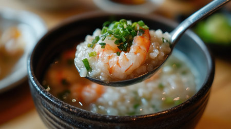 A close-up of a spoonful of shrimp rice porridge being lifted from a bowl, capturing the creamy texture and fresh shrimp glistening in the lightの素材