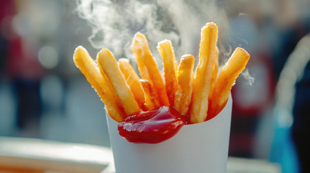 A close-up shot of freshly cooked French fries in a white cone, with steam rising and a splash of bright red ketchup on the side, evoking a sense of comfort foodの素材